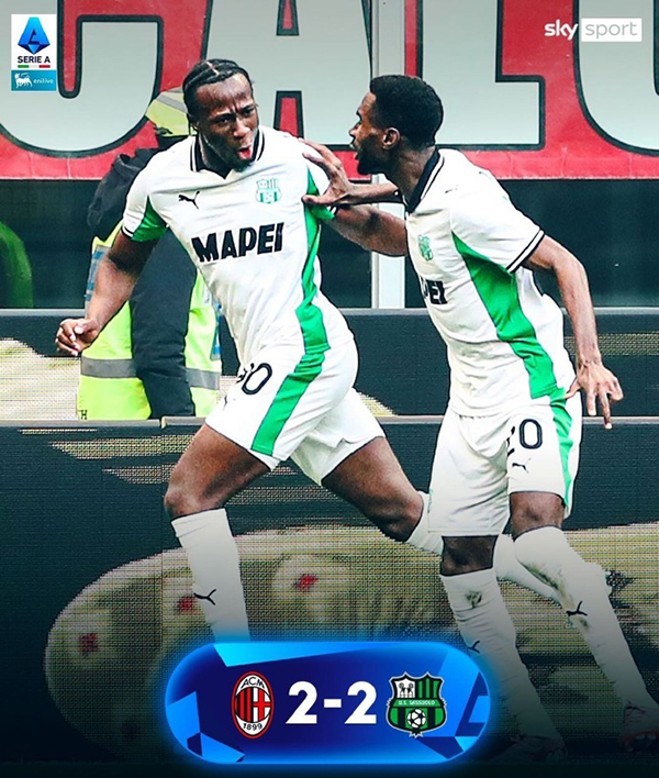 意甲-AC米兰2-2萨索洛 19岁巴尔泰萨吉双响